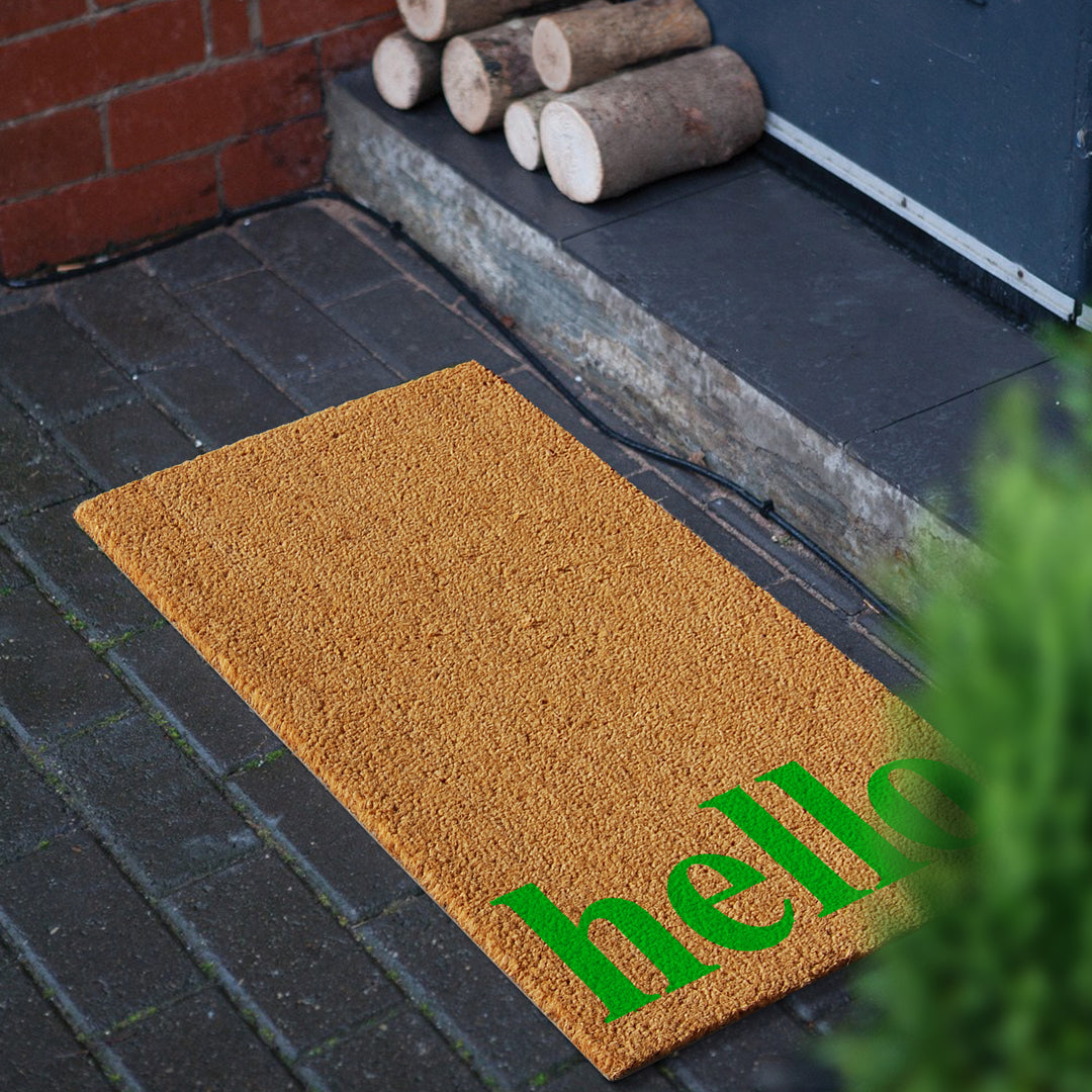 Vertical Hello Doormat Natural/Green Green / 17"x29"