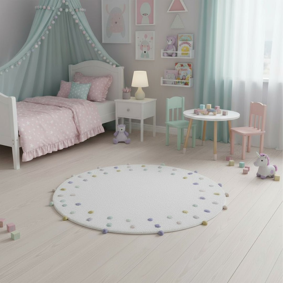 Confetti Kids Rug Round Confetti Pom Pom Rug – Callowaymills