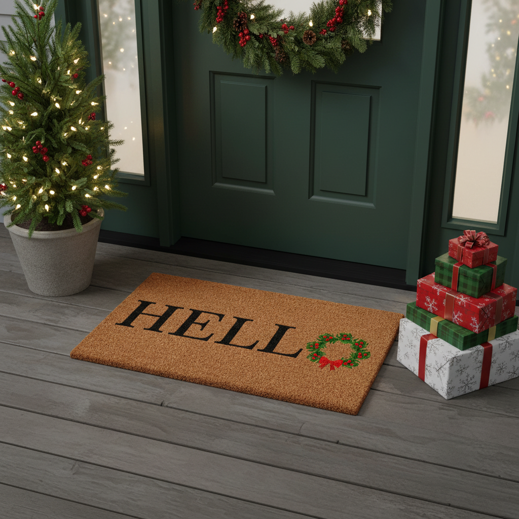 Hello Christmas Wreath Doormat